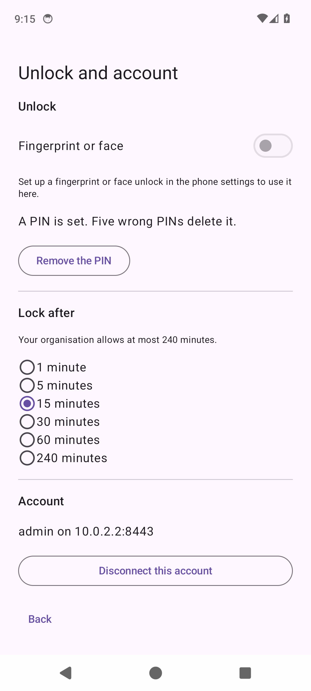 Unlock and account settings with the fingerprint or face switch, the PIN, the lock delay and the account