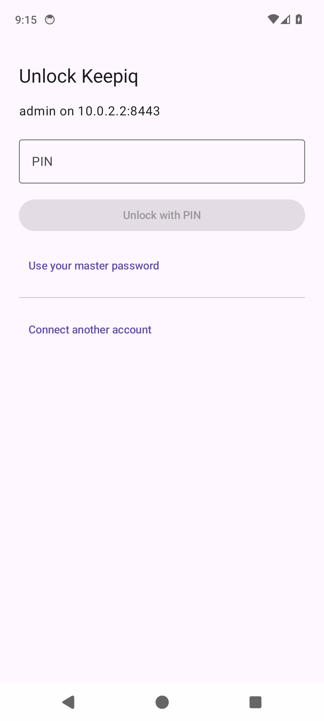 Unlock Keepiq asks for the PIN, with a link to use the master password instead