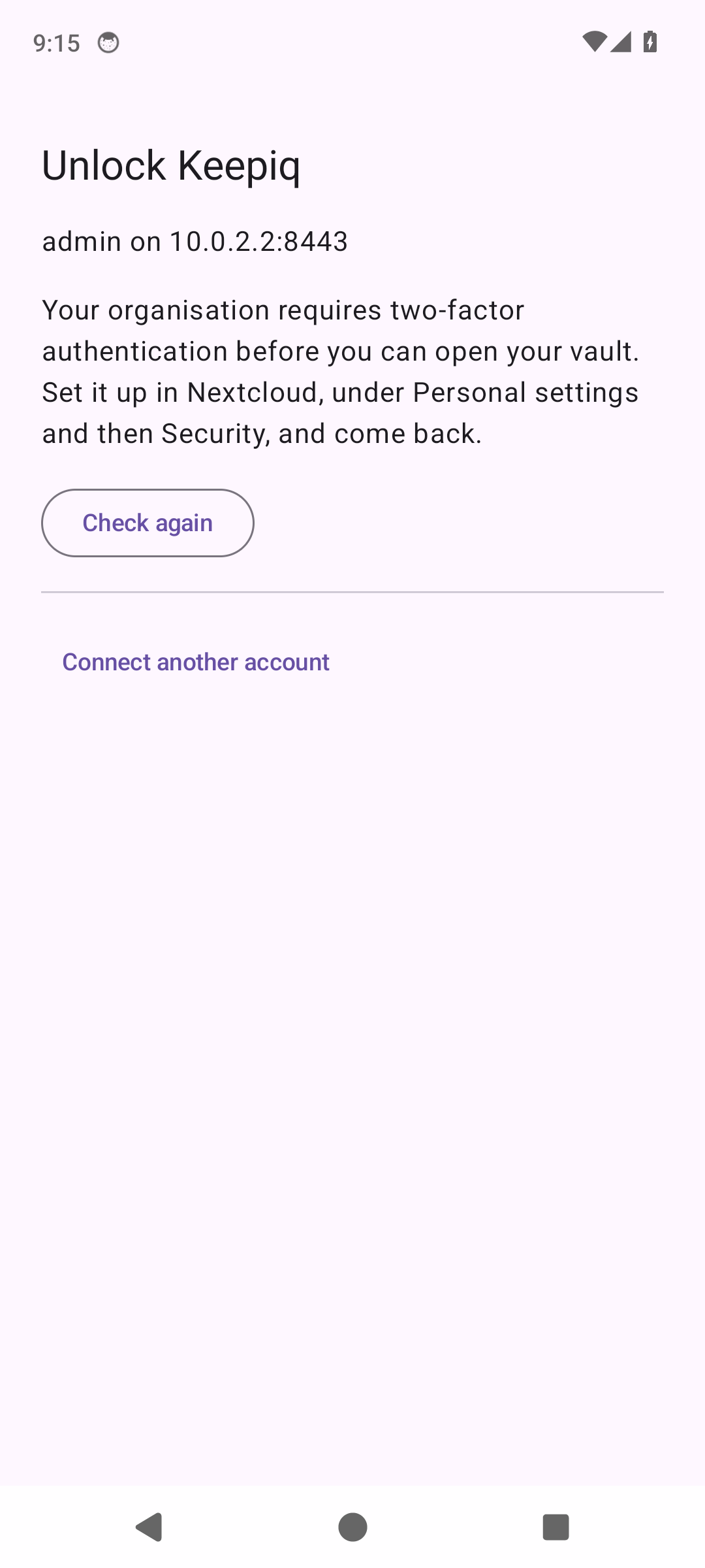 Unlock Keepiq says the organisation requires two-factor authentication, with a Check again button