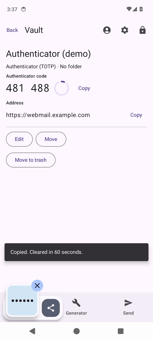 Android: the Authenticator demo item shows a six digit code and its countdown