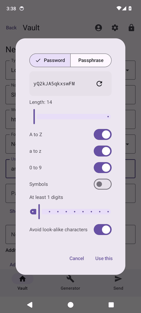 Android: the generator with a 14 character password and its options