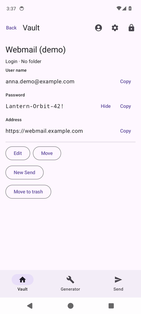 Android: the Webmail demo login with user name, password and address, each with Copy