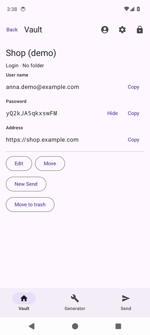 Android: the new Shop demo login with a generated password