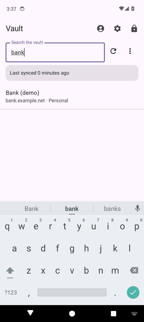 Android: searching for bank finds the Bank demo item