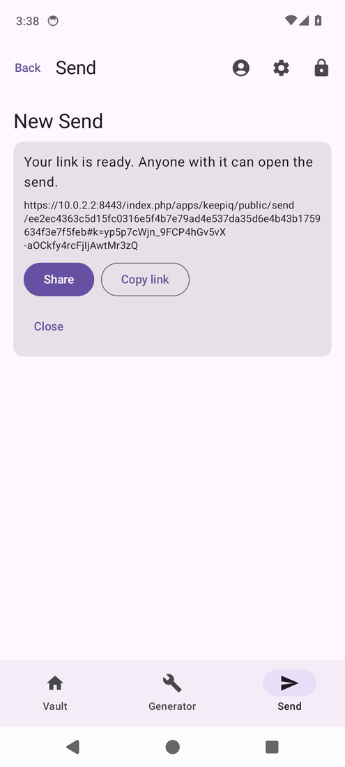 Android: the new Send is ready, with its link and the Share and Copy link buttons