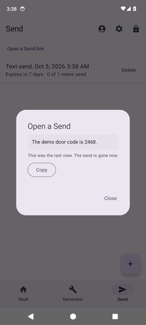 Android: an opened Send shows the demo door code and says this was the last view