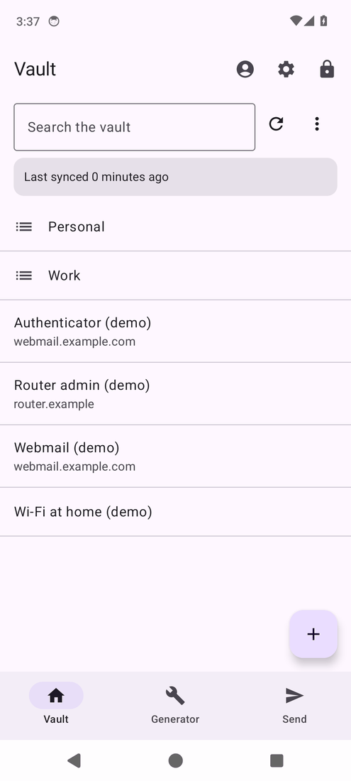 Android: the vault with the folders Personal and Work and five demo items