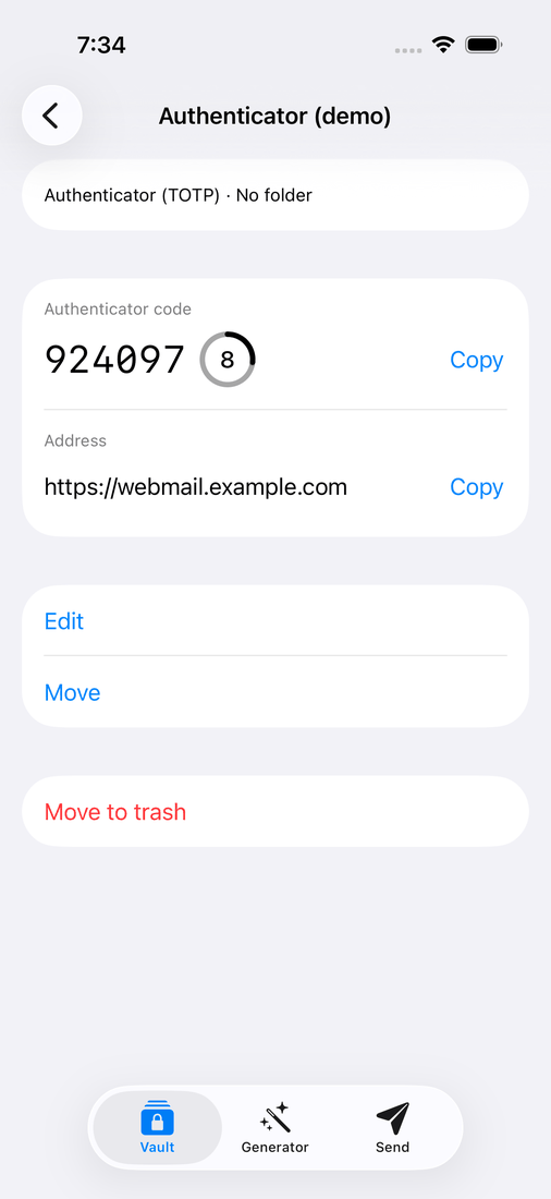 iOS: the Authenticator demo item shows a six digit code and its countdown