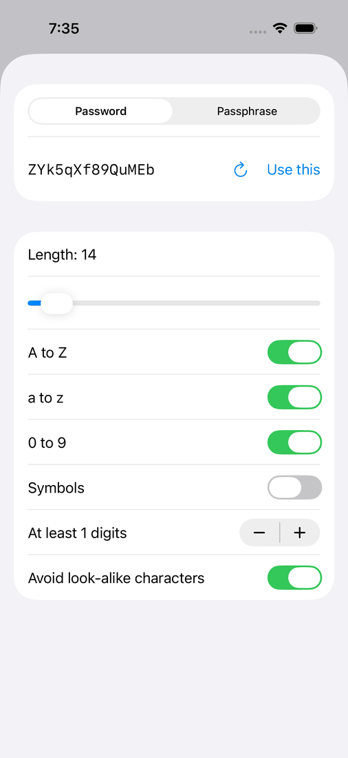 iOS: the generator with a 14 character password and its options