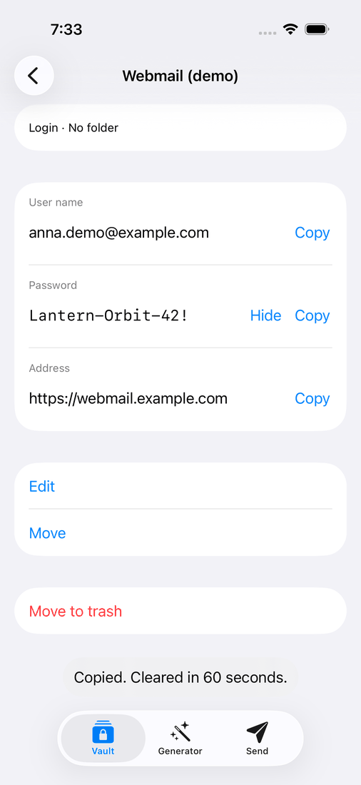 iOS: the Webmail demo login, with the note Copied. Cleared in 60 seconds.