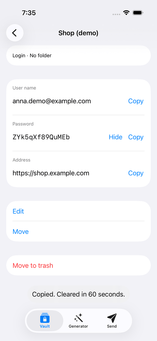 iOS: the new Shop demo login with a generated password