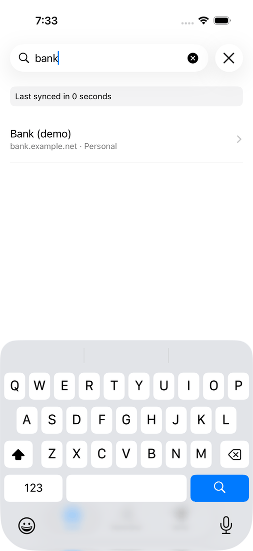 iOS: searching for bank finds the Bank demo item