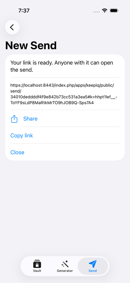 iOS: the new Send is ready, with its link and the Share and Copy link buttons