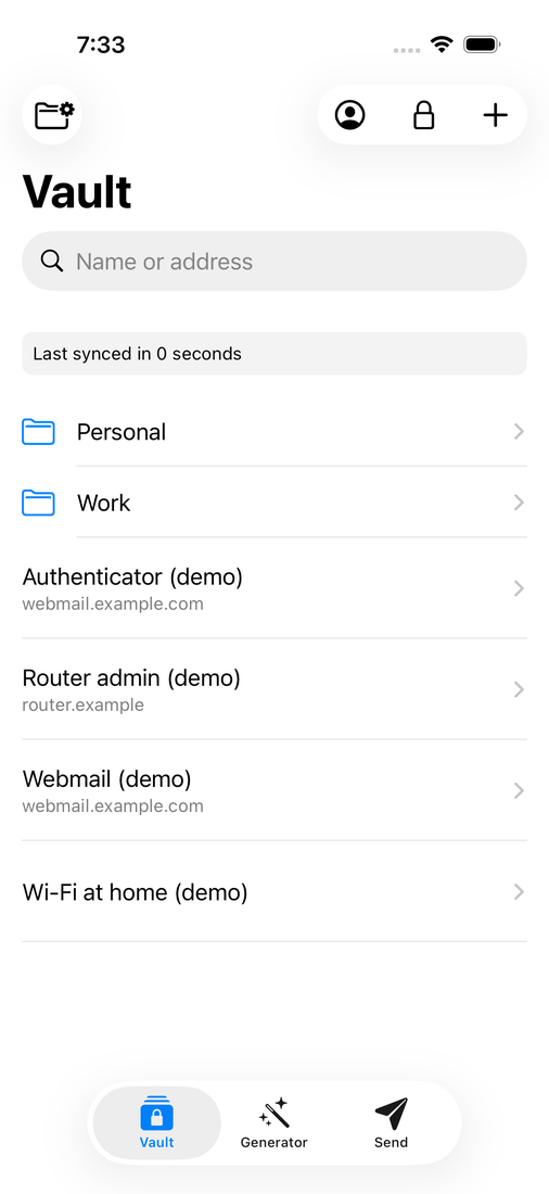 iOS: the vault with the folders Personal and Work and the demo items